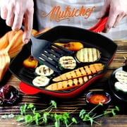 Nonstick Cast Iron Grill Pan - 11-Inch Kitchen Square Cast Iron Skillet Grilling Pan, Enameled Cast Iron Skillet Steak Pan w/ Side Drip Spout For Electric Stovetop, Induction, Gas - NutriChef NCCIES47