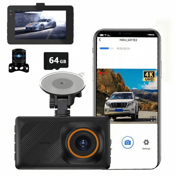 Dual Dash Cam 4K Front and 2K Rear Camera, Built-in WiFi Smart Car Camera with 3" IPS Screen,Night Vision, G-Sensor, 24H Parking Monitor and 170° Wide Angle,Free 64GB Card and Hardwire Kit