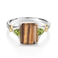 thumbnail image 2 of Gem Stone King 925 Silver and 10K Yellow Gold Brown Tiger Eye and Green Peridot and Diamond Engagement Ring for Women (3.38 Cttw, Emerald Cut 10X8MM, Trillion 3.5MM, Size 7), 2 of 3