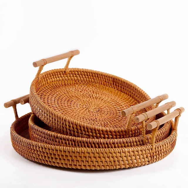 Wholesale Vietnamese Rattan 3-Piece Round Storage Set with Upgraded Handles - Japanese Style Fruit/Bread Basket, Living Room Organizer, Durable Rustic Home Decor