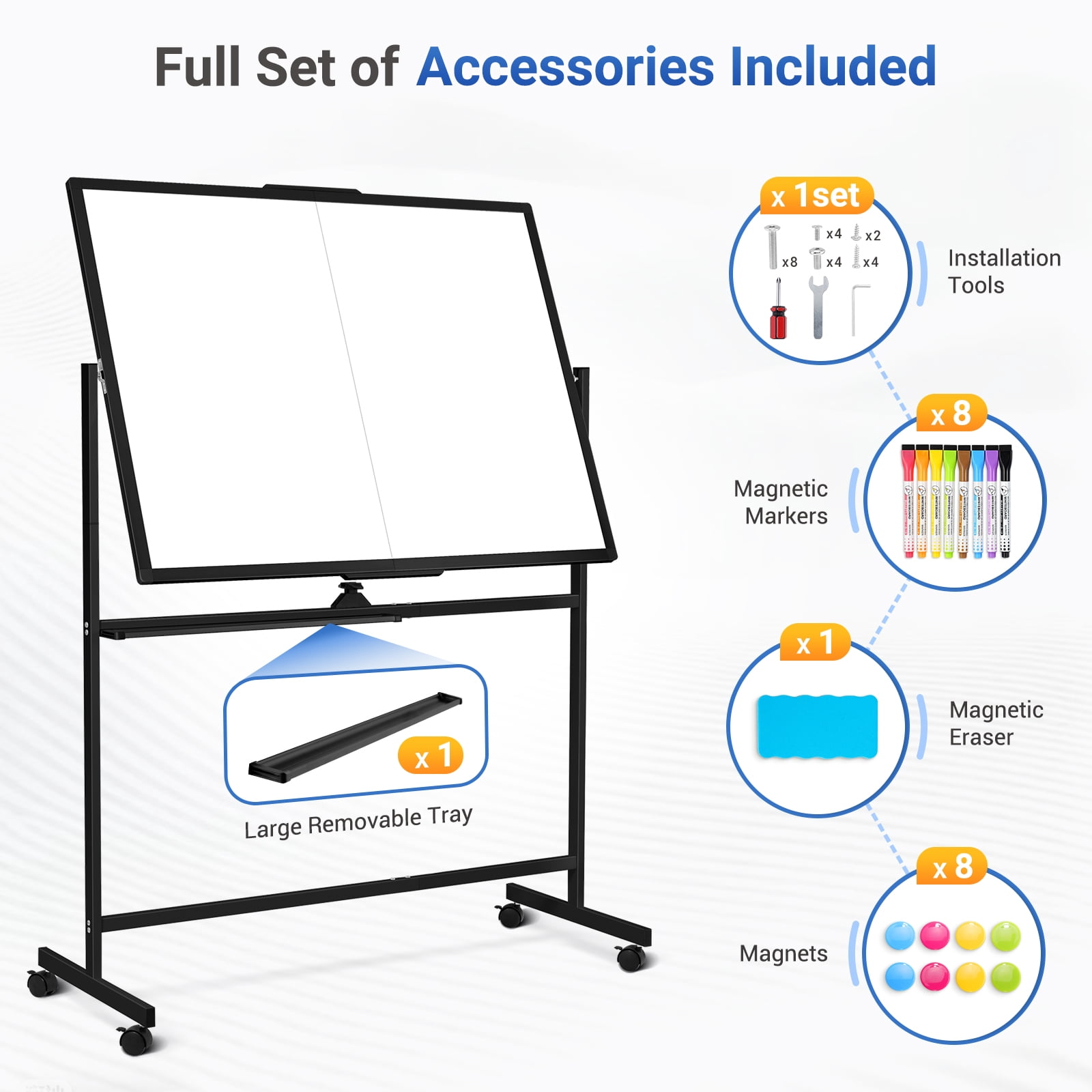DOLLAR BOSS Rolling White Board Dry Erase Board Rolling 48"x36" Double Sided Large Standing Whiteboard Easel with Wheels Mobile White Board with Stand for Office, Classroom & Home, Black