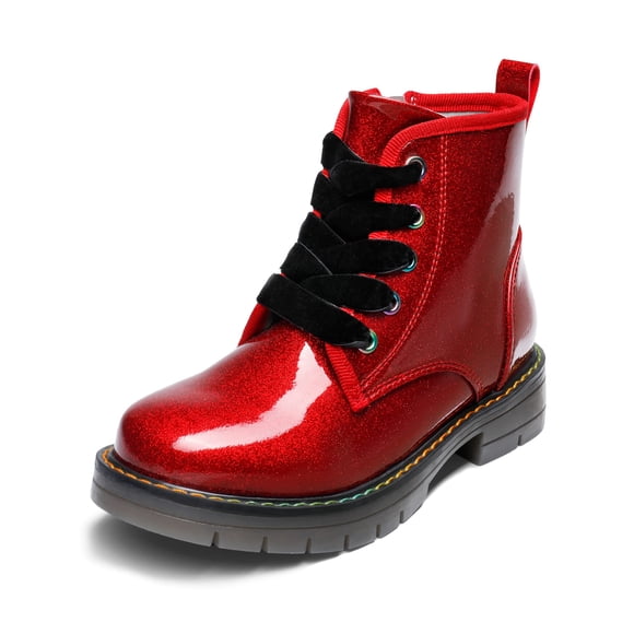 Botas de combate con glitter DREAM PAIRS para niña, color rojo, talla 8 para niños pequeños