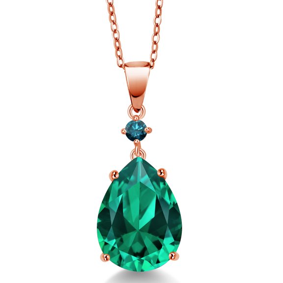Gem Stone King 18K Rose Gold Plated Silver Green Nano Emerald and Blue Diamond Pendant Necklace for Women (8.35 Cttw, Pear Shape 16X12MM, Gemstone, with 18 inch Chain)