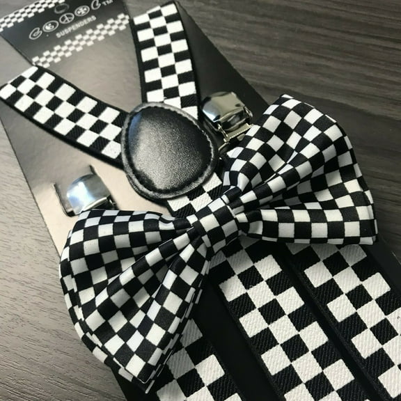 Black White Checker Suspenders and Bow Tie Matching Set Wedding Prom Adult