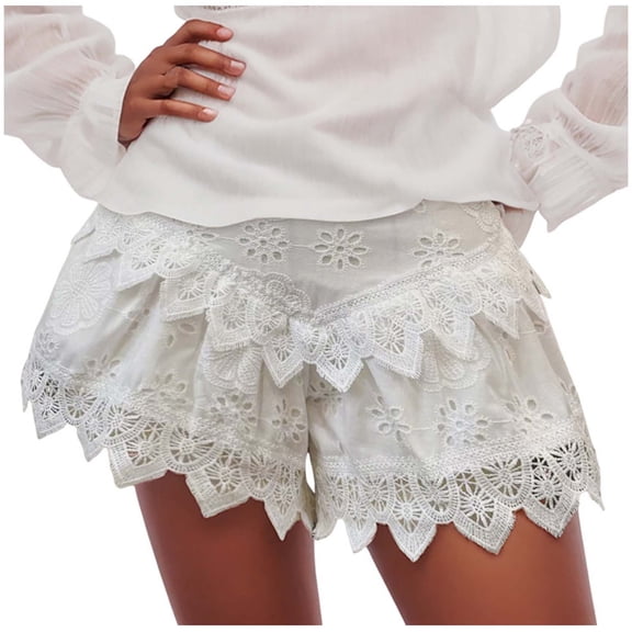 vigerkar Women Tiered Ruffle Shorts Floral Embroidered Eyelet Elastic Waist Wide Leg Boho Crochet Skirt Shorts (White, L)