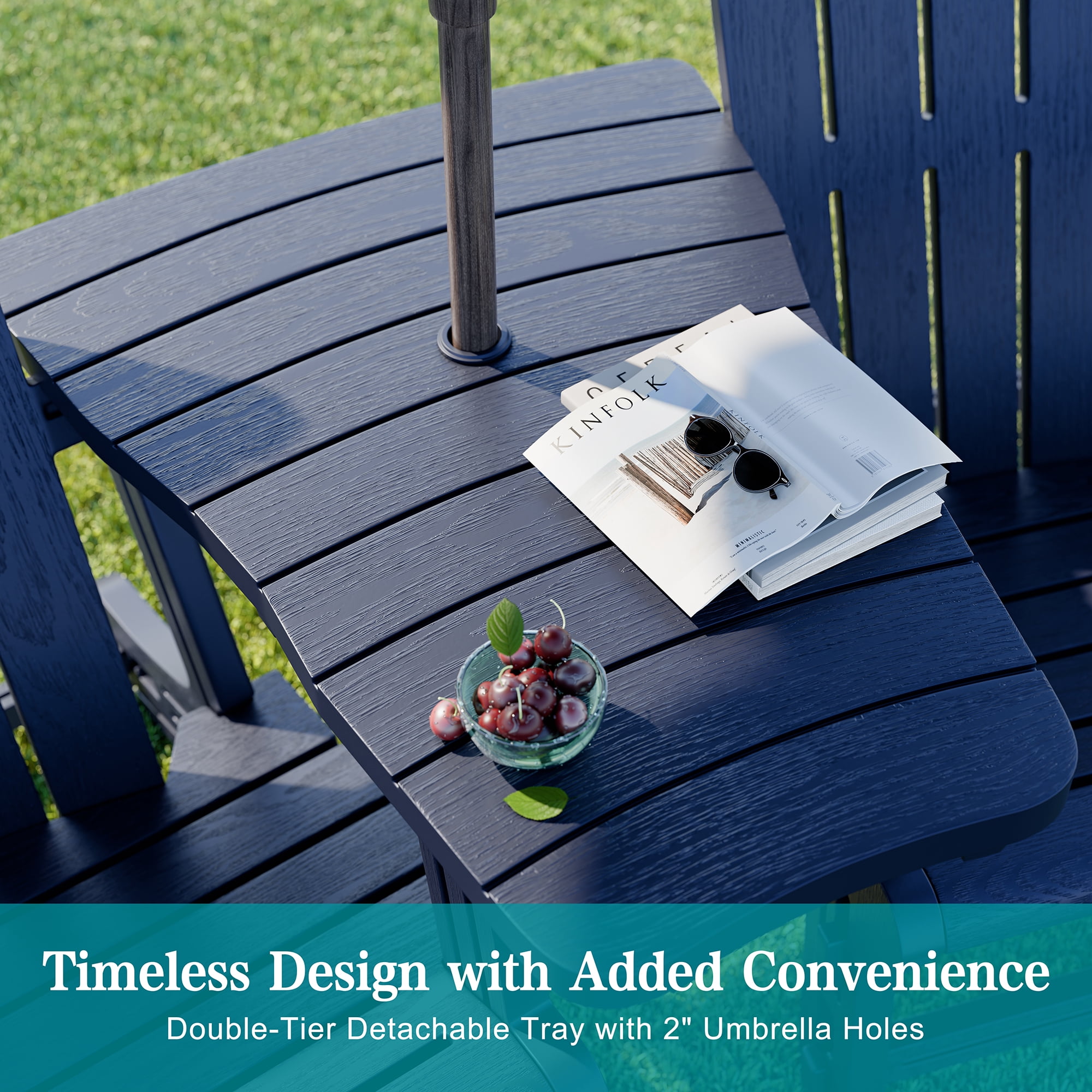 Walsunny Adirondack Chairs Set of 2 Fire Pit Chair Set with Connecting Tray Cup Holder Removable Tabletop,All-Weather HDPE Outdoor Chair Set for Patio Garden Lawn,Dark Blue