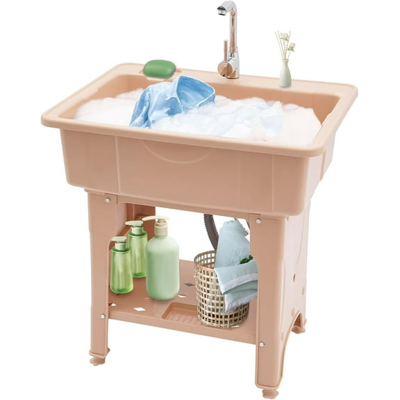 Utility Sink Laundry Tub,Freestanding Plastic Laundry Sink with Washboard, Slop Sink Garage Sink Portable Sink For Laundry Room, Garage, Bathroom, Kitchen (31.5in, Coffee)