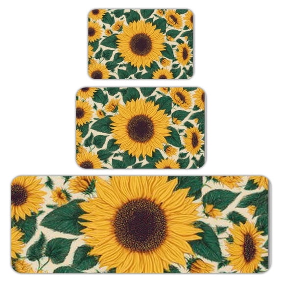 RKSupls Kitchen Rug Set 3 Piece Anti-Slip Flannel Floor Mats, Sunflowers Leaves Pattern Washable Absorbent Runner Mats for Kitchen Bathroom Home Decor