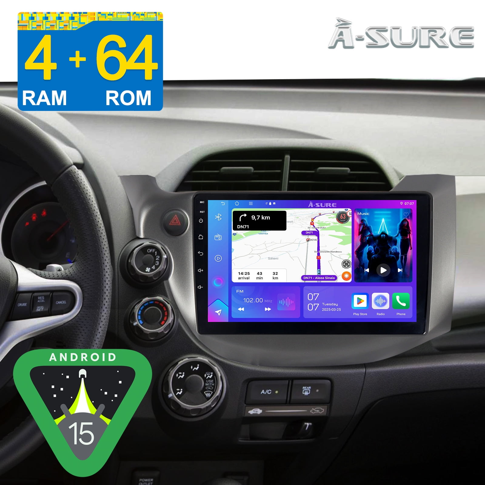 10.1" Android 15 4+64GB Car Radio Stereo for Honda Fit Jazz 2009-2013 with Apple CarPlay/Android Auto/GPS Navi/Wi-Fi/BT 5.4/DSP/Backup Camera