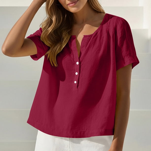 Craaazy Women's Casual V Neck Blouse, Solid Color Short Sleeve Cotton Linen Top, Loose Fit Comfy Henley Tunic for Daily Wear Gifts