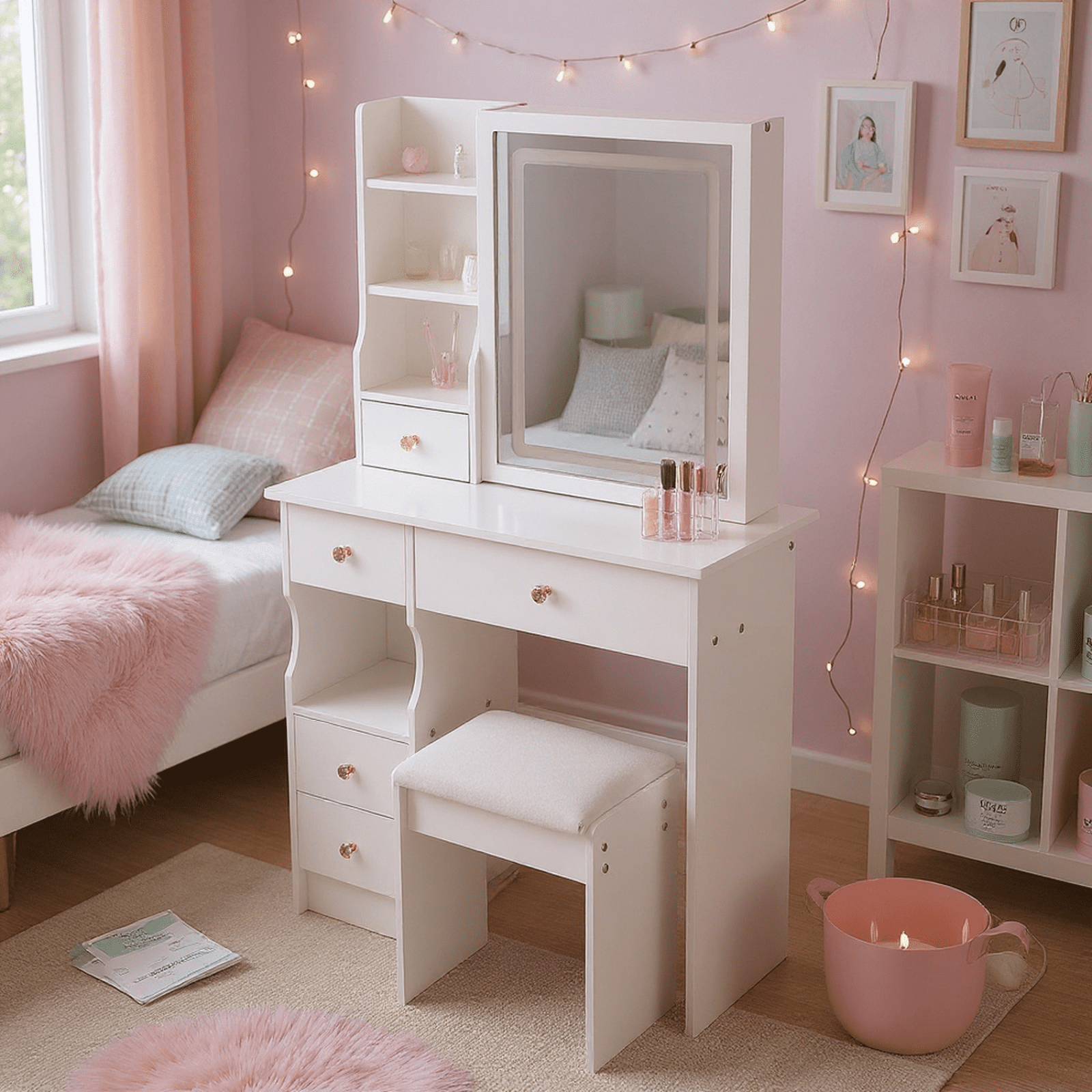Homy Casa Vanity Desk with LED Lighted Mirror, Makeup Vanity Table with Drawers, Shelves, and Stool