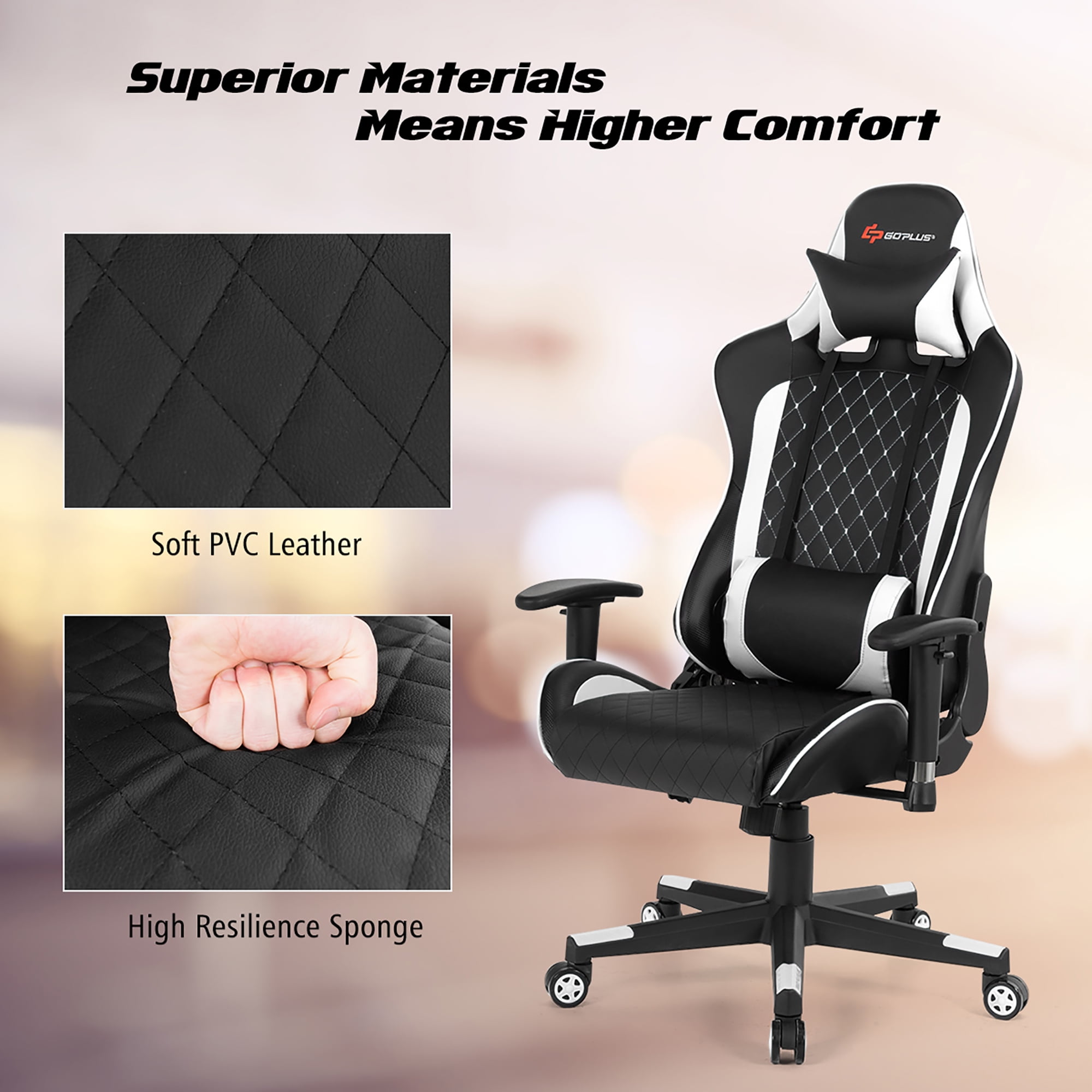 Goplus Massage Gaming Chair Reclining Racing Chair w/Lumbar Support and Headrest White