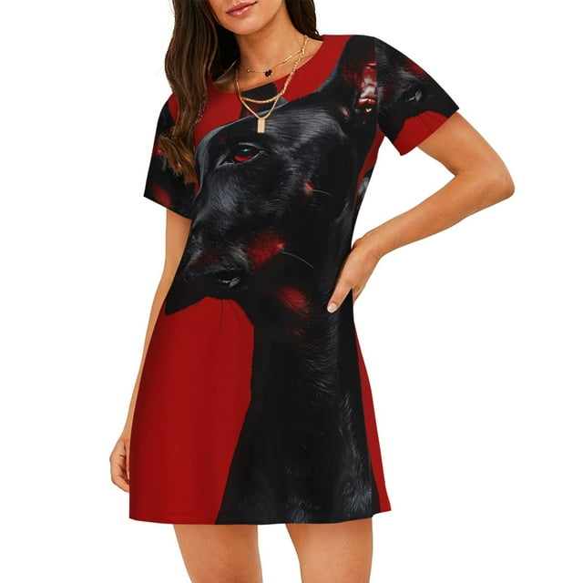 Lukts Chien Noir Fond Rouge pour Femmes Chemise de Nuit Ample à Manches Courtes, Pyjamas d'Été Col Rond, Chemise de Nuit Vêtements de Maison