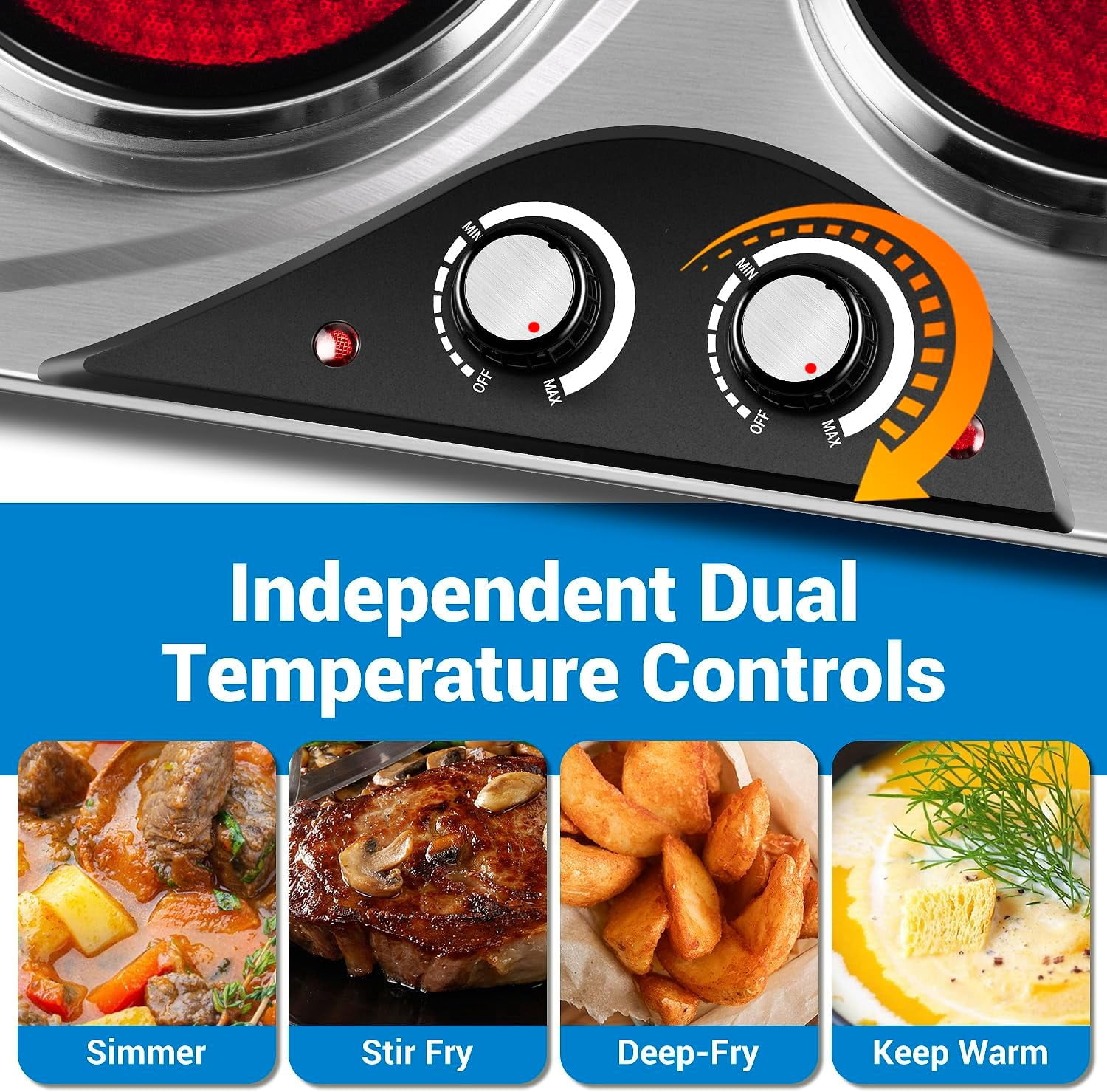Electric Double Hot Plate, Portable Ceramic Cooktop with Dual Control, 1800W High Power for All Cookware, Silver