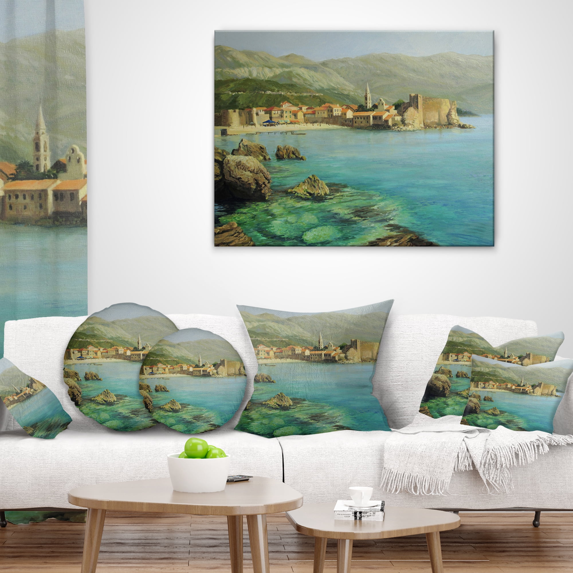 Designart Bay Near Old Budva - Landscape Painting Throw Pillow - 18x18