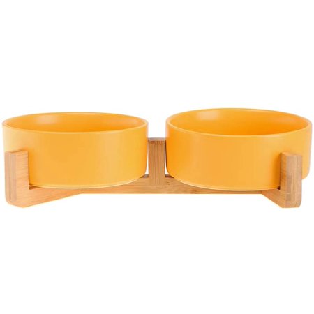 Ceramic Cat Dog Bowl Dish with Wood Stand No Spill Pet Food Water ...