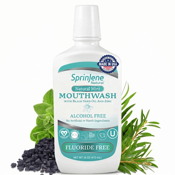 SprinJene Natural Alcohol and Fluoride Free Mouthwash, 100% Natural Non-Burning 32 oz