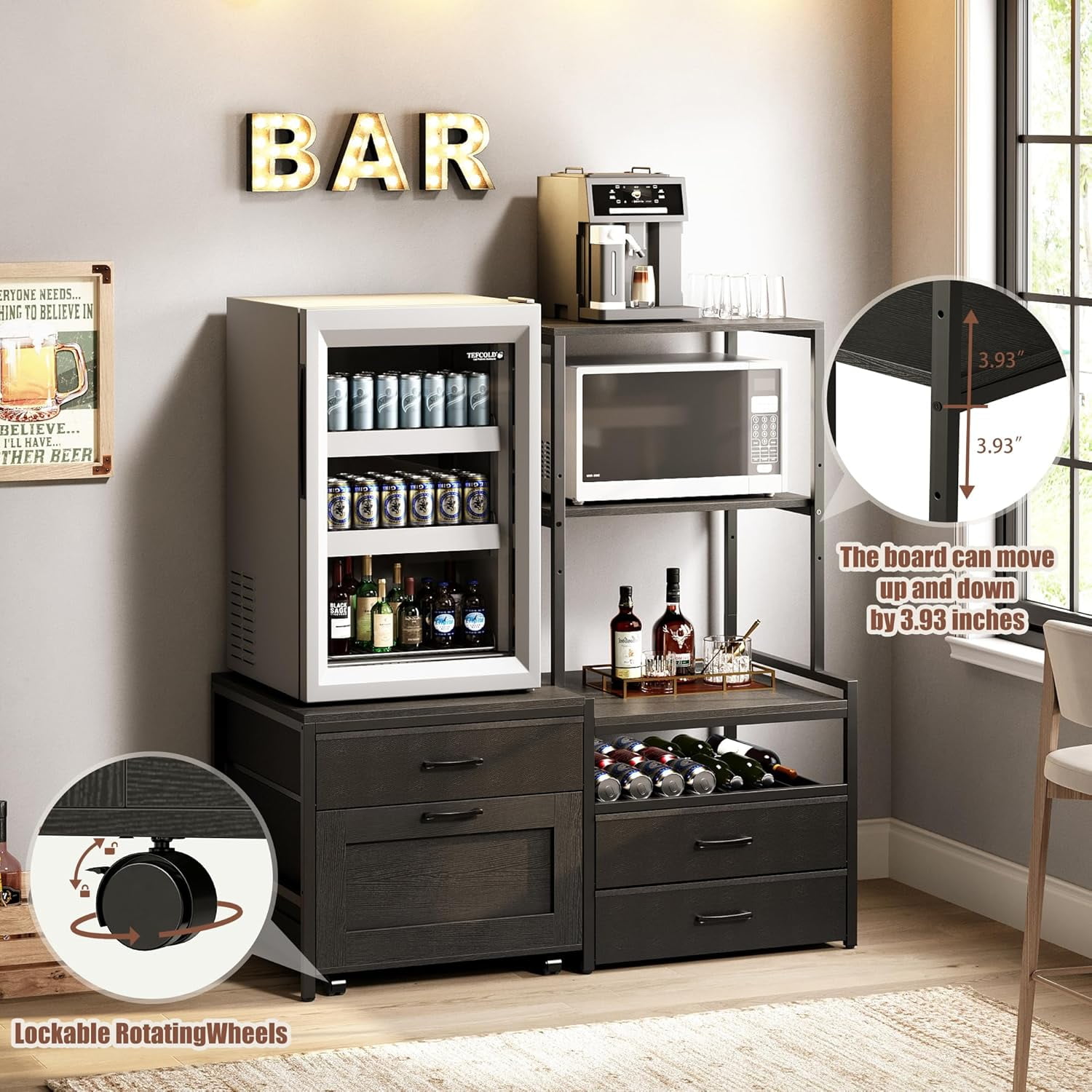 Herture Mini Fridge Stand with Wine Rack, Kitchen Bakers Rack with Power Outlet, Microwave Oven Stand, Coffee Bar, Movable Drawers, for Dorm,Office, Black HB04BXB