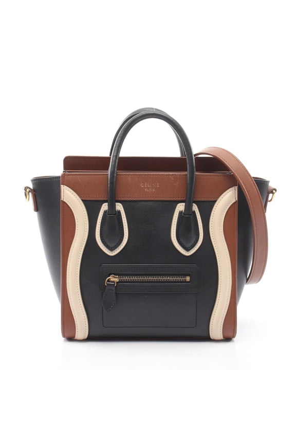 Pre-Owned Celine Luggage Nano Shopper 2-Way Handbag, Leather, Women's, Black, Brown, Ivory