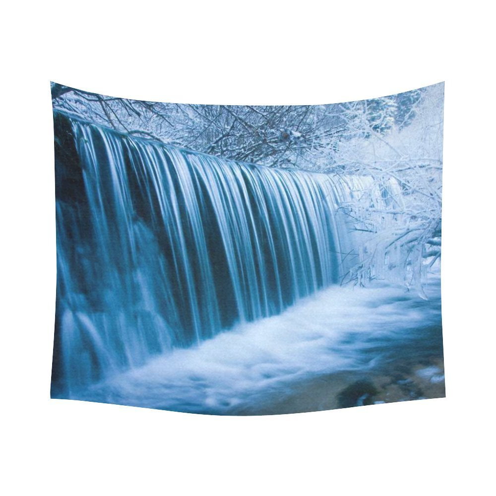 Gckg Winter Snow Ice River Waterfall Tapestry Wall Hanging Black And White Nature Landscape Decor 80x60 Inches