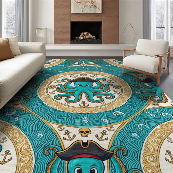 ODIKA 6'x9' Washable Area Rug Octopus Koi Ocean Buccaneer Theme Coiling Maritime Cartoon Pirate for Queen Size Bedroom, Under Bed, Master Suite, Easy Care, Non-Shedding