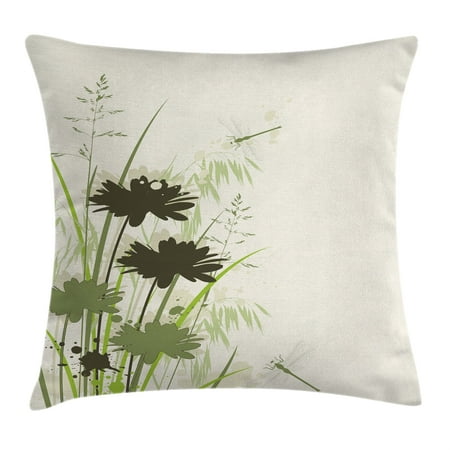 Lake Throw Pillows Dragonfly Throw Pillow Cushion Cover, Lake Flowers Leaves on Abstract Backdrop Image Bird Like Bugs, Decorative Square Accent Pillow Case, 18 X 18 Inches, Dark Green and Light Green, by Ambesonne ()