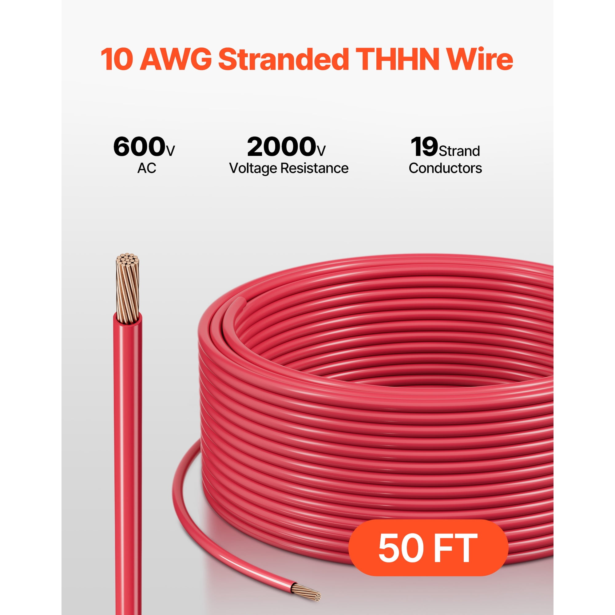 KFFKFF 10 AWG THHN Wire, 19-Strand, Pure Copper Electrical Wire with Nylon Coating, Rated for 600 Volts, Suitable for Indoor and Outdoor Applications in Commercial, Industrial