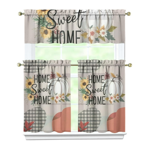 Rustic Autumn Harvest Design Kitchen Curtains 3-Piece Set Pumpkin Thanksgiving Theme Panels