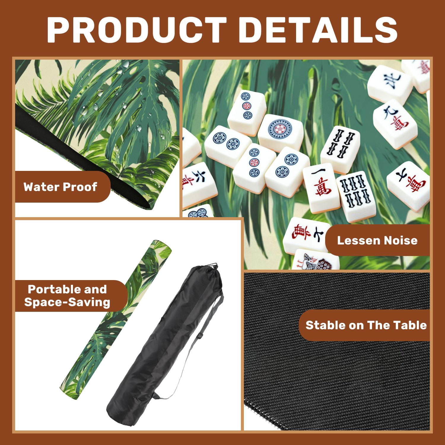 Mahjong Mat 31.5" x 31.5" Tropical palm leaves jungle leaf seamless floral Non-Slip Noise Reduction American Mahjong Tiles Table Cover for Dominoes Poker Card Board Games Gift