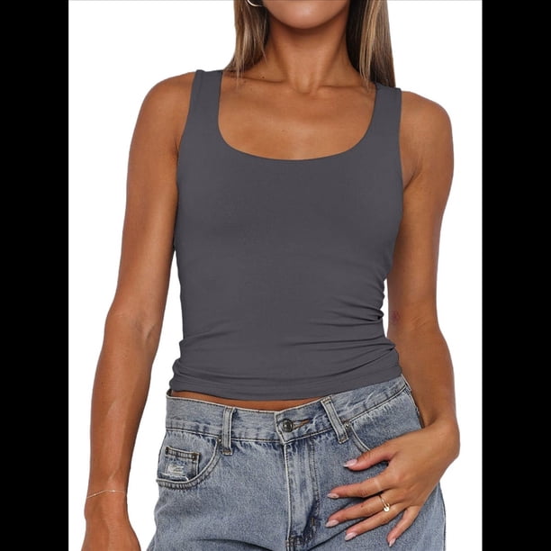 Camiseta Sin Mangas con Cuello Cuadrado para Mujer, de Doble Capa, Básica, para Entrenamiento de Verano, Informal. Gris L
