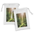 thumbnail image 1 of Forest Fabric Pouch Set of 2, Forest in Spring Time Sunset Moss Woods Leaf Wilderness Fantasy View Print, Small Drawstring Bag for Toiletries Masks and Favors, 9" x 6", Green Brown, by Ambesonne, 1 of 2