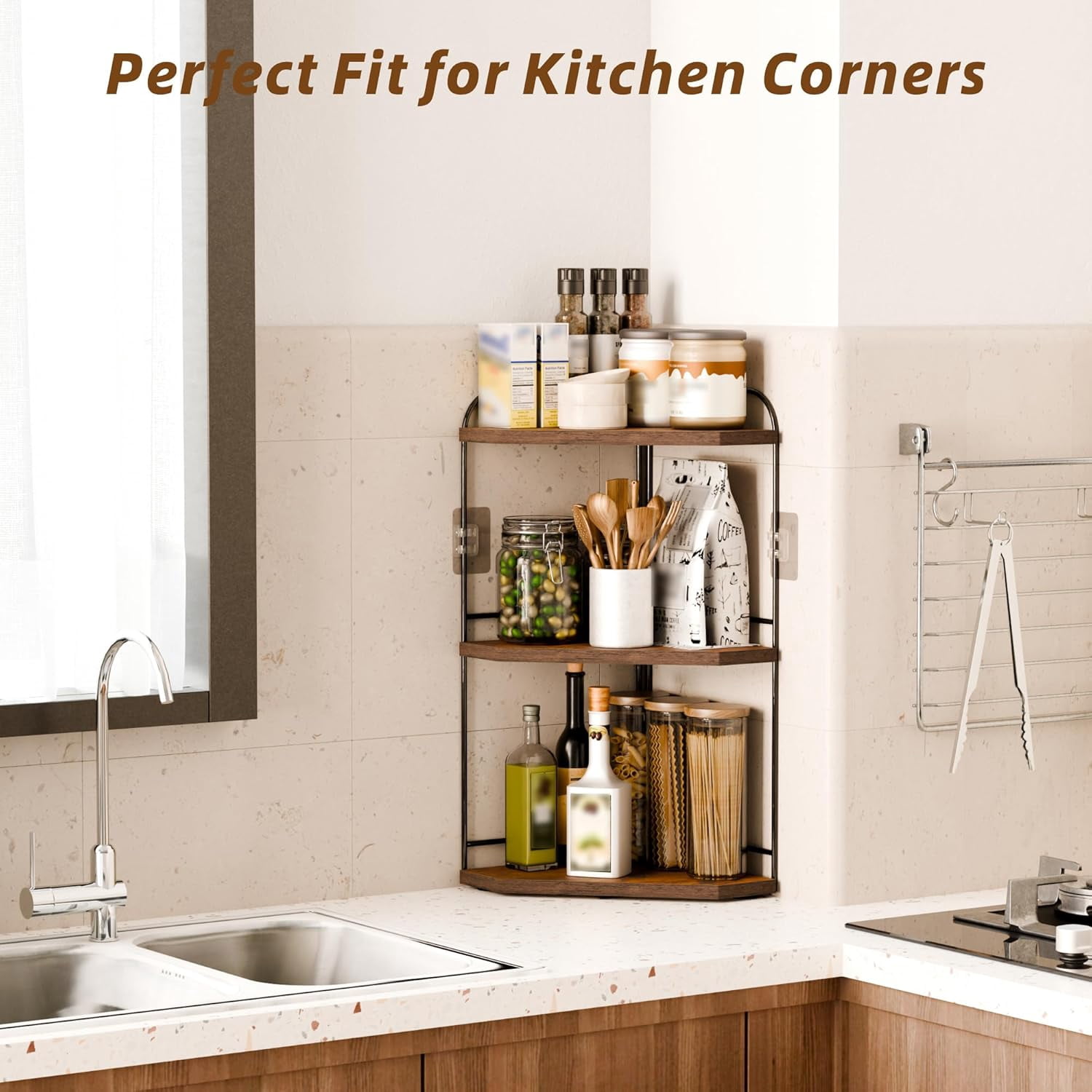 Corner Bathroom Counter Organizer, 3-Tier Wood Countertop Organizer for Perfume, Makeup Storage, Skincare Organizers for Vanity, Counter Corner Shelf for Kitchen, Bathroom, Dresser (Rustic Brown)