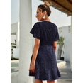 thumbnail image 2 of Navy Blue Polka Dot Side Wrap A-Line Short Dress With V-Neck And Flared Ruffle Sleeves For Women, 2 of 5