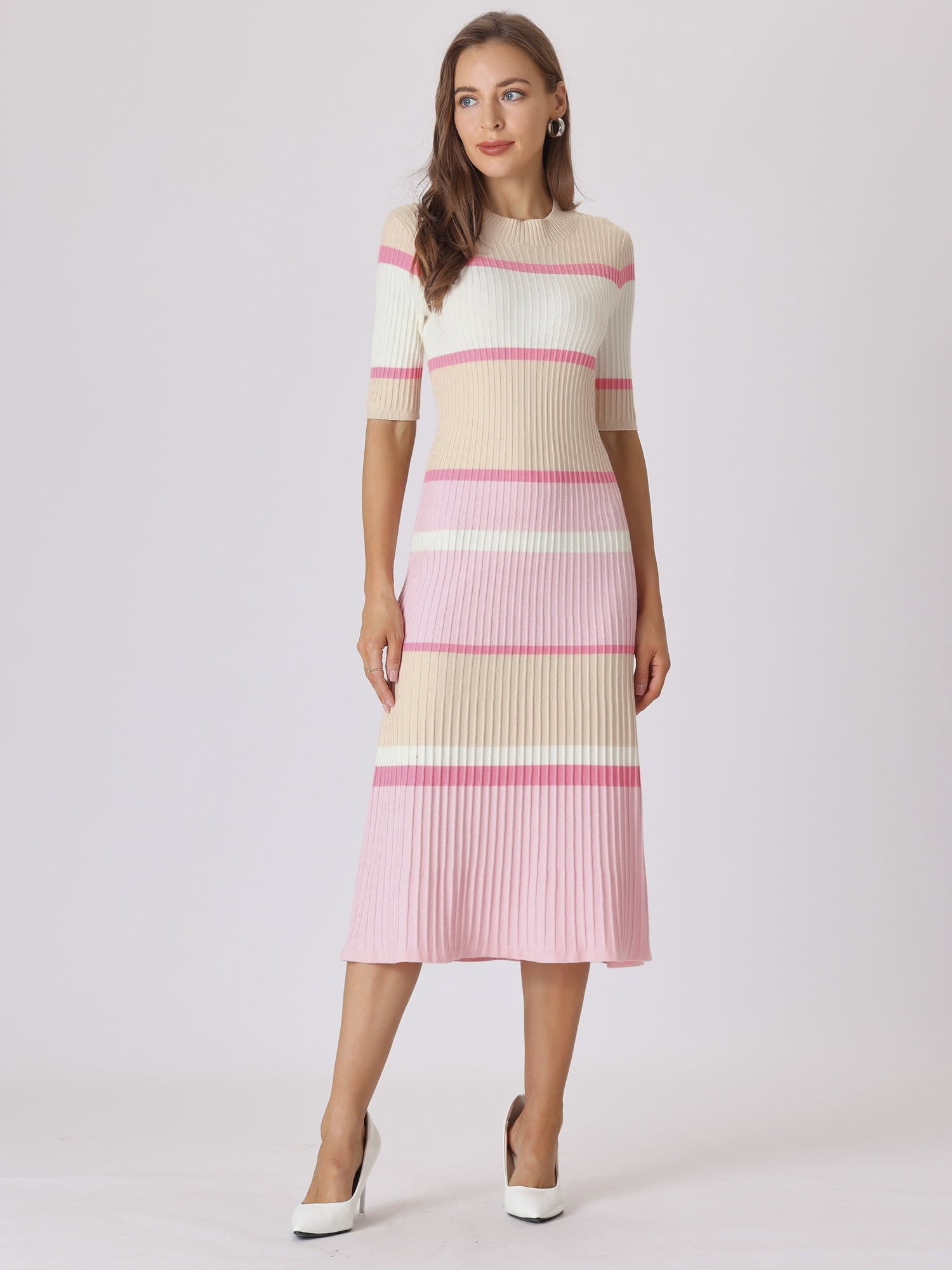 DARING DIVA Women's Striped Short Sleeve A-Line Midi Dresses M Pink