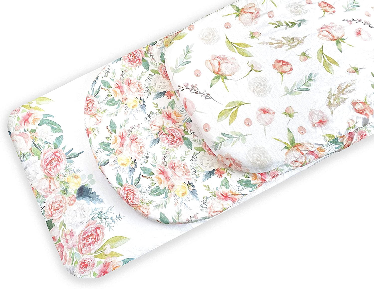 NODNAL CO. Pink Cotton Floral Bassinet Fitted Sheet Set, 100% OEKO-TEX Cotton, 3 Pieces, Peony and Eucalyptus Flowers, for Newborn Baby Girl Nursery Bedding