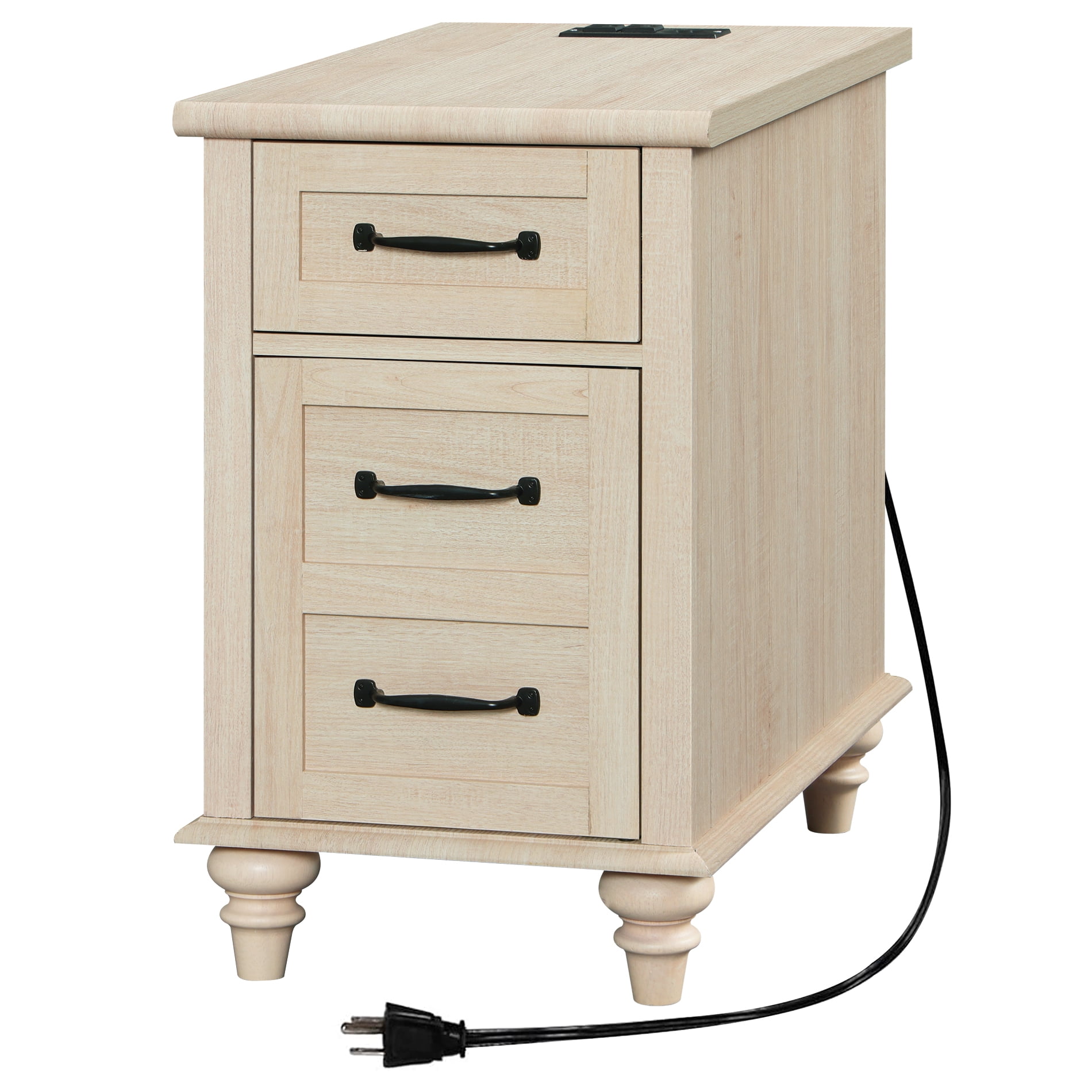Beige End Tables with Charging Station, Tall Nightstand with Storage Cabinet & Drawer, Wooden Side Table for Bedroom, Living Room