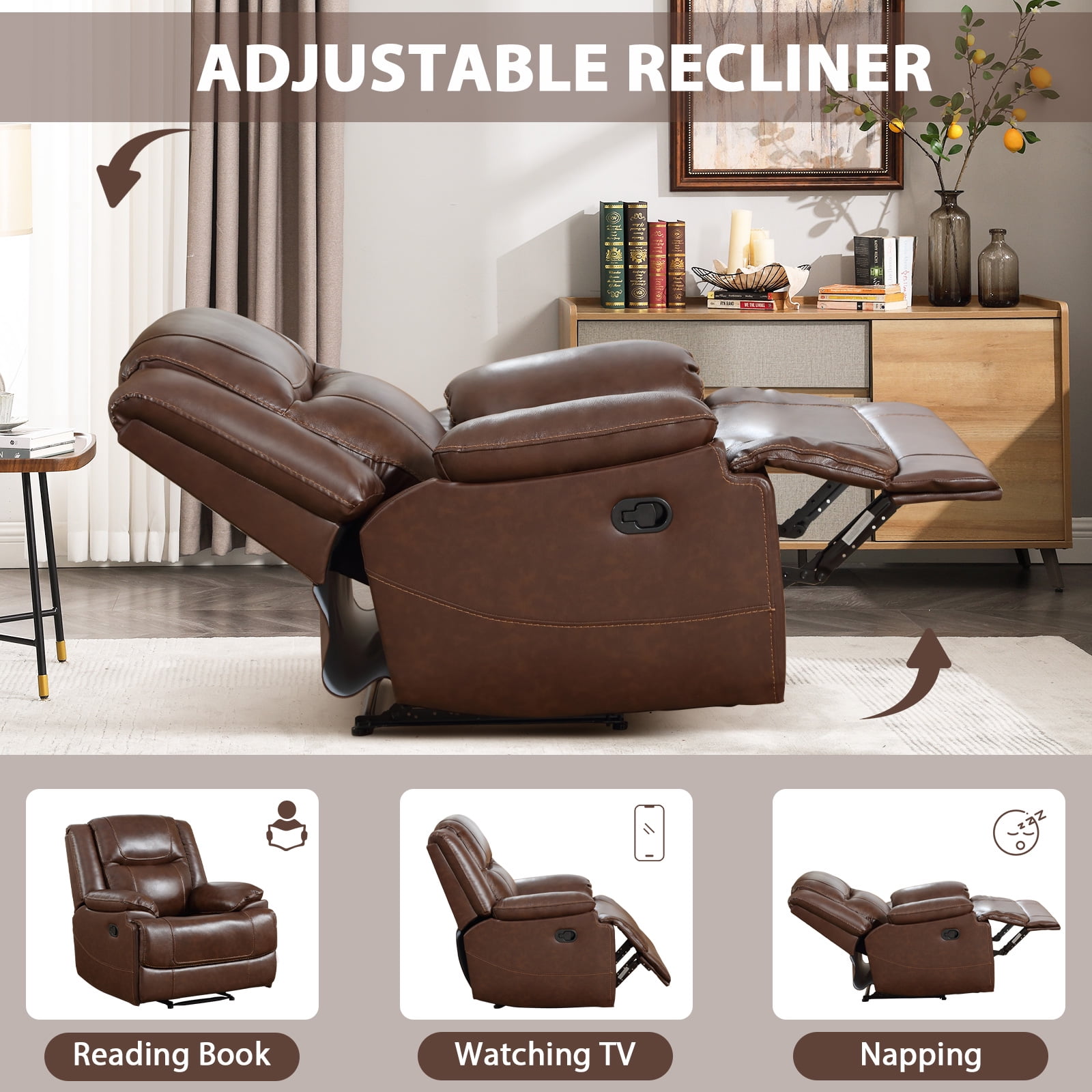 Bonzy Home 37.4" Wide Genuine Leather Manual Zero Headroom Recliner Home Theater