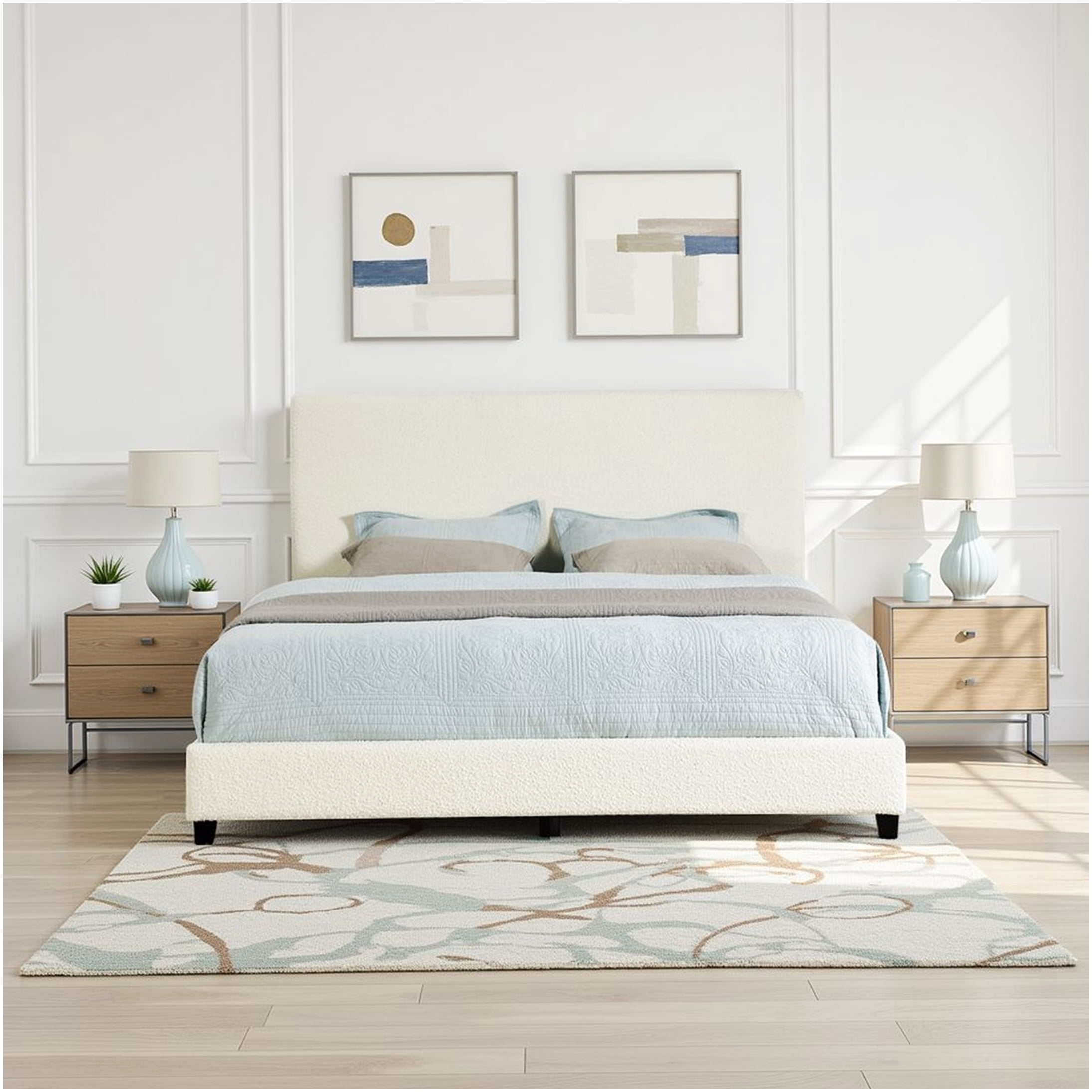 Modern White Boucle Upholstered King Size Bed Frame with Platform Base and Padded Headboard