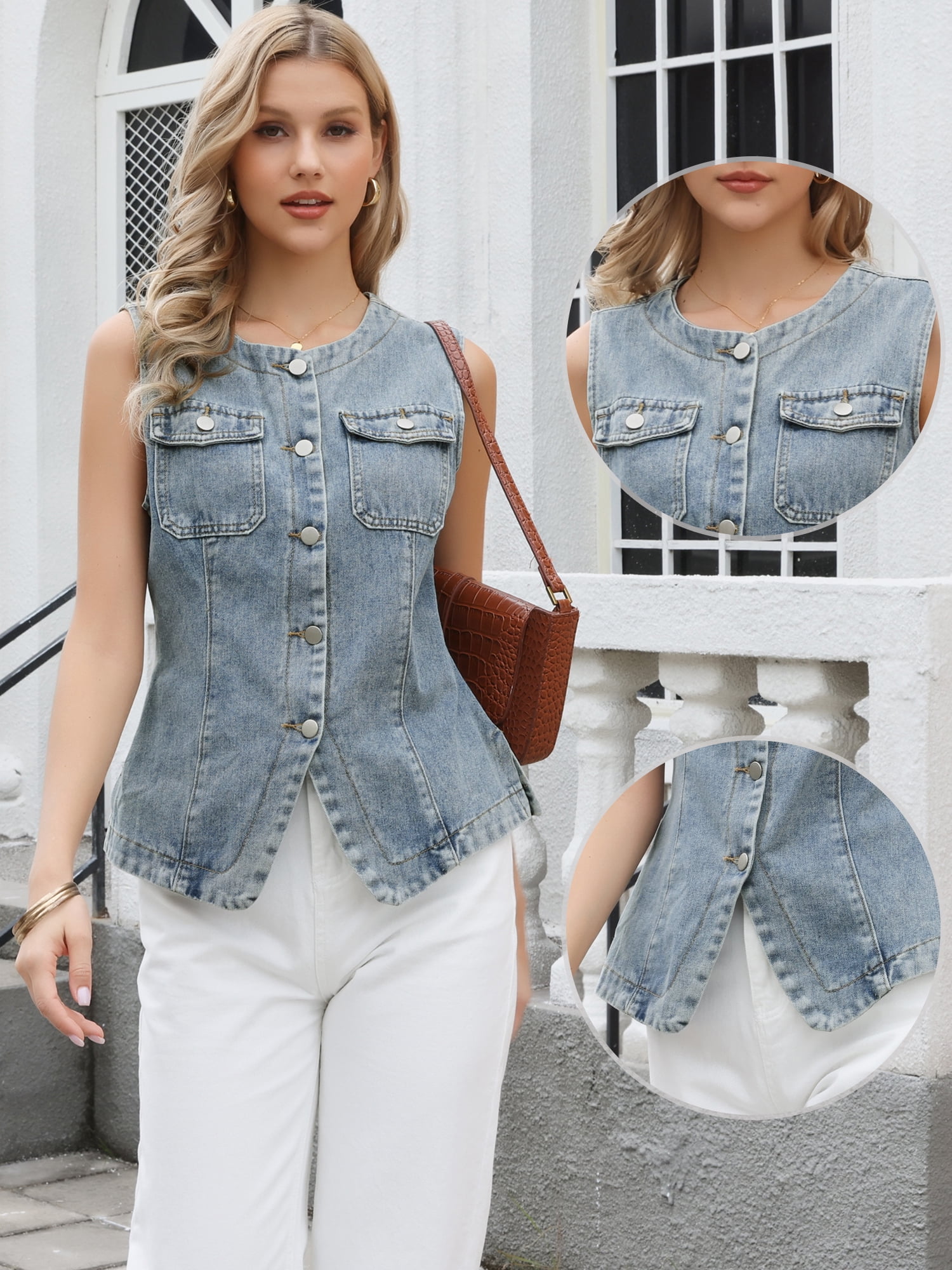 DARING DIVA Women's Collarless Button Down Sleeveless Denim Vest Top M Gray Blue