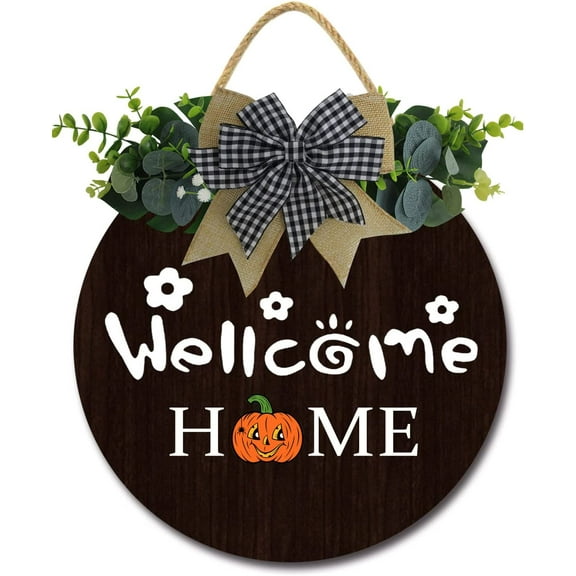 Eveokoki 12" Welcome Home Pumpkin Funny Signs for Front Door Farmhouse Porch ,Rustic Round Wooden Hanging Wreaths for Housewarming gift ，Halloween Festival Decoration Outdoor Indoor Wall Decor Black