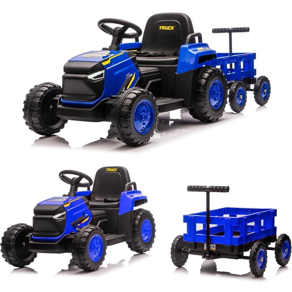 12V Ride-On Tractor with Detachable Trailer, Remote Control, 8-Wheel Battery Powered Vehicle, Bluetooth Music, 1–2.5 MPH, 66 lb Capacity, Ages 3–8,Blue
