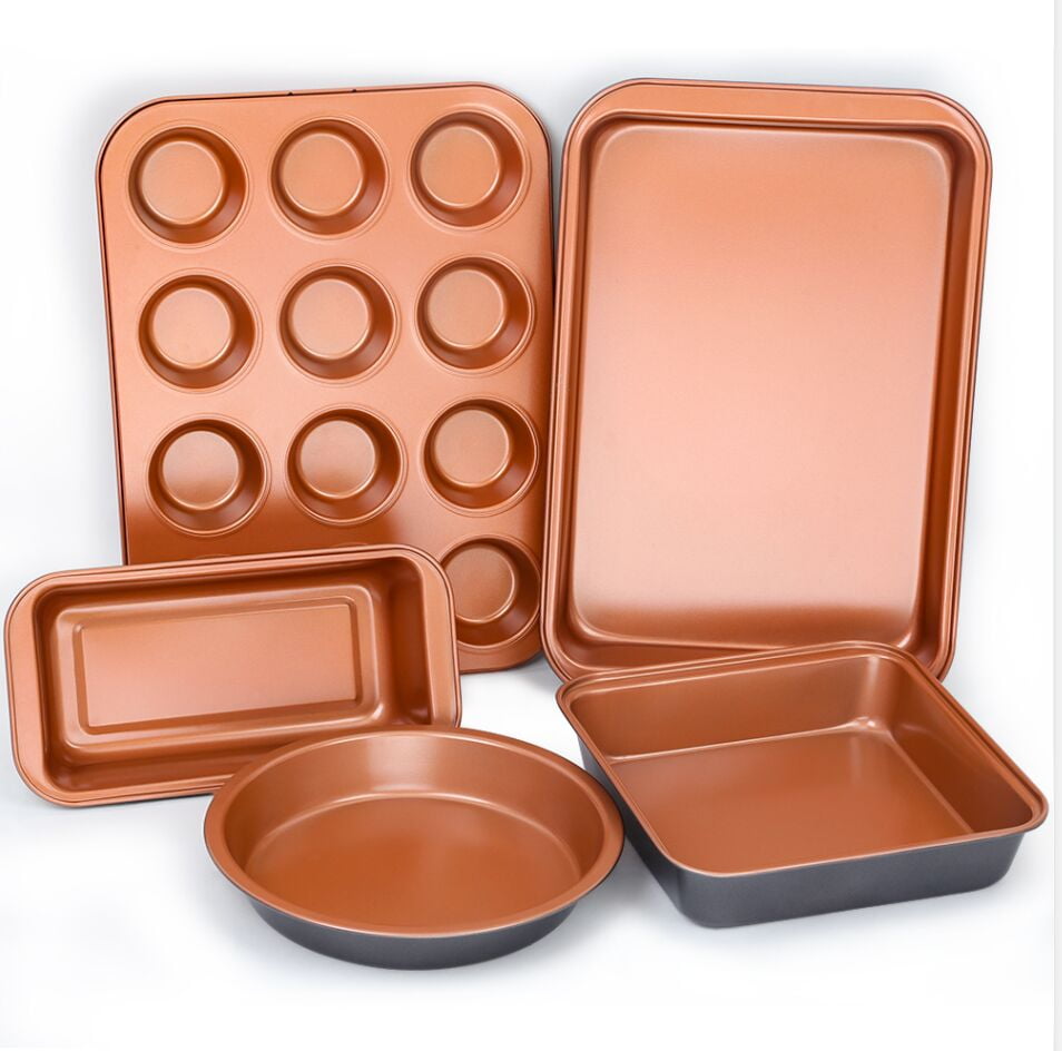 SHINEURI 5 PCS Nonstick Copper Pizza/Bakeware Set Frying Pan For Baking, Roasting, Making Cakes, Muffins, Cookies, Cupcake