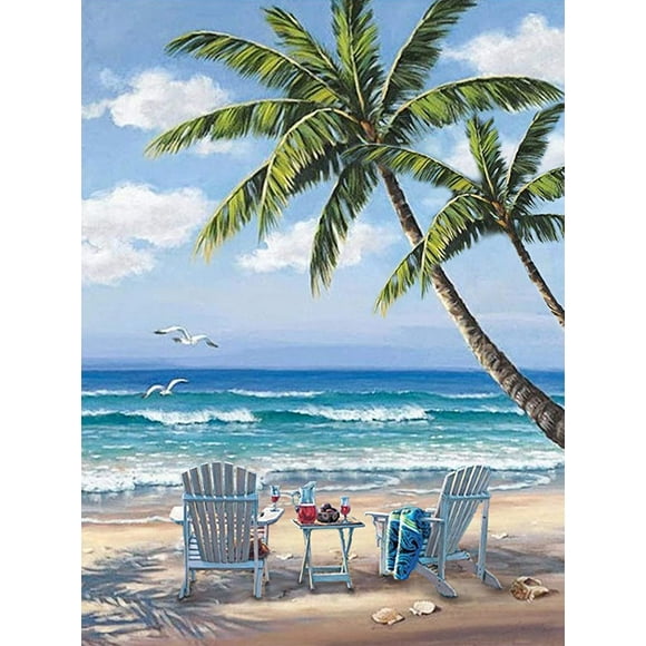 DIY Ocean 5D Diamond Painting Set, Full Diamond Painting Set, Adult Wall Decoration, Ocean, Beach, and Blue Sky Diamond Painting, 12x16 inch Frameless,12" x 16"