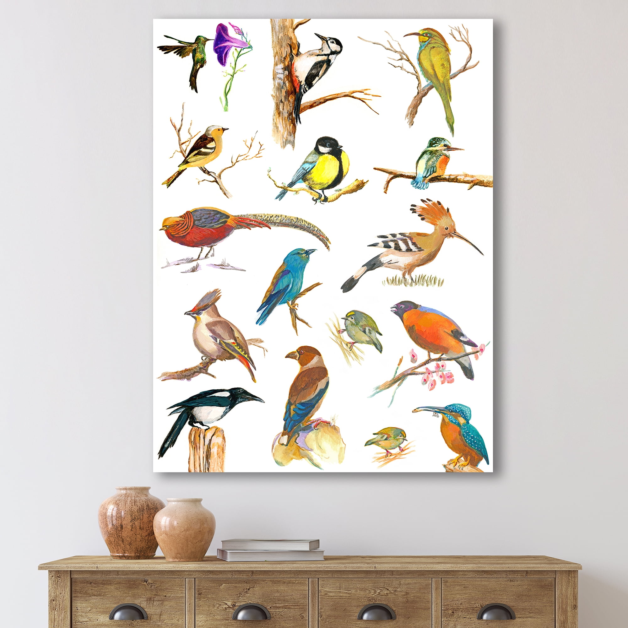 Designart ' Vital Colored Birds Plancard ' Traditional Canvas Wall Art Print