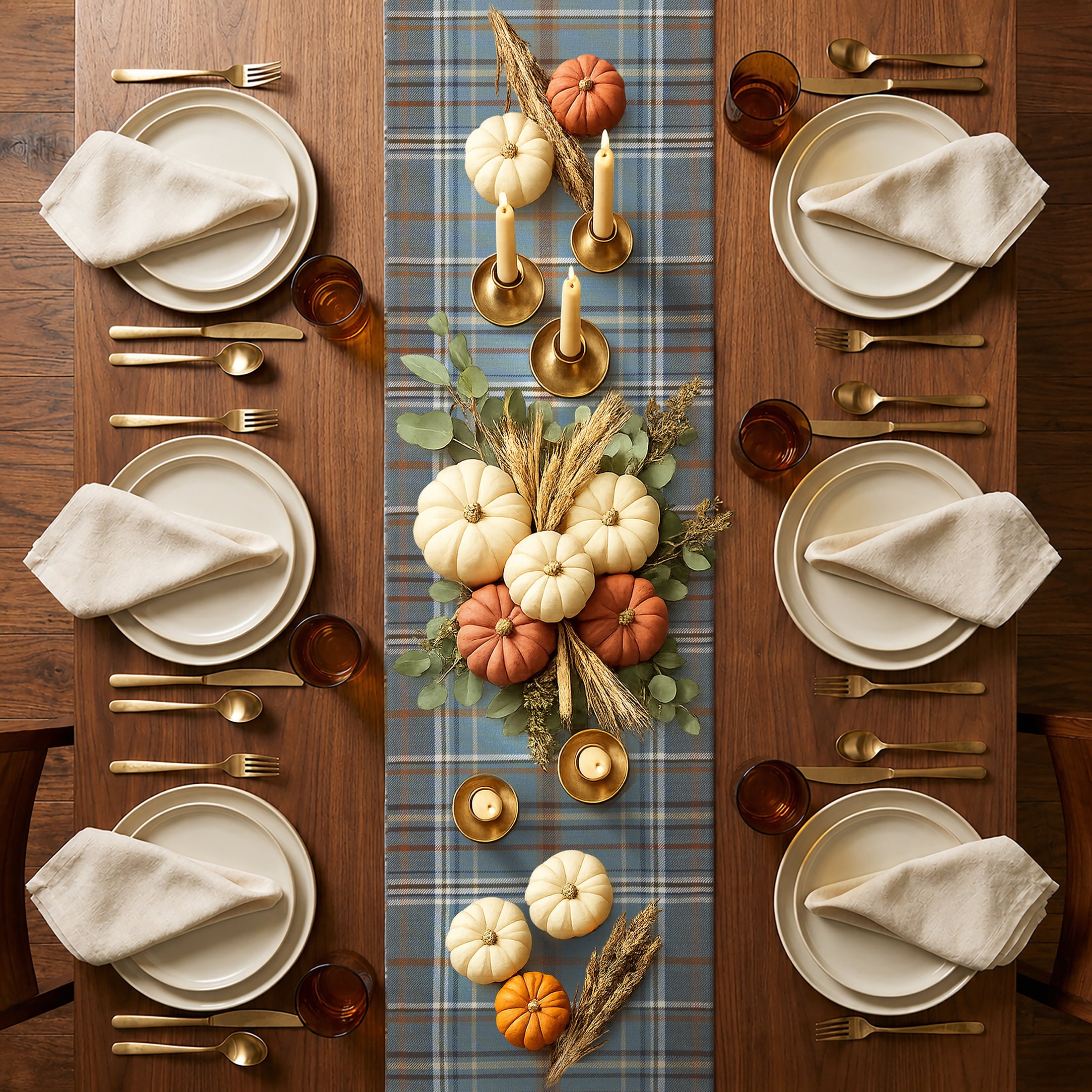 Harvest Plaid 13" x 72" Table Runner - 100% Cotton, Blue