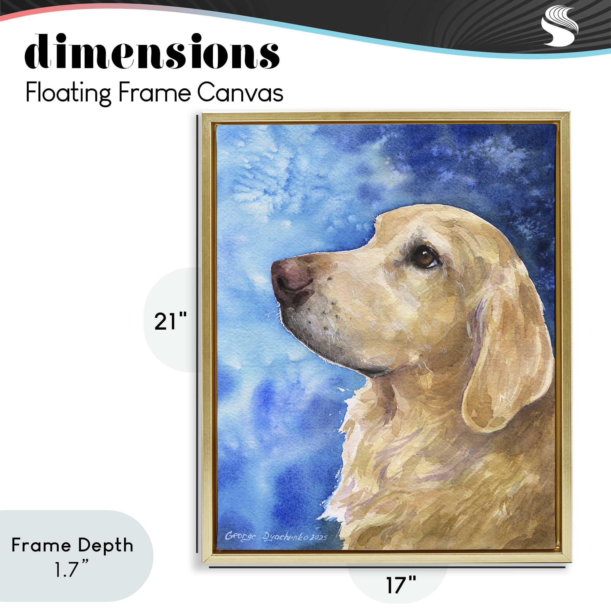 Stupell Industries Golden Retriever Portrait on Azure Gold Framed Floater Canvas Wall Art, design by George Dyachenko