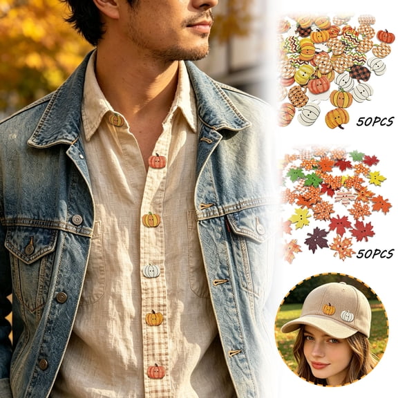 Yyuenw 50 Pcs Wooden Pumpkin Maple Leaf Buttons, Halloween Harvest DIY Craft Embellishments, Fall Festival Sewing Scrapbook Decor Supplies