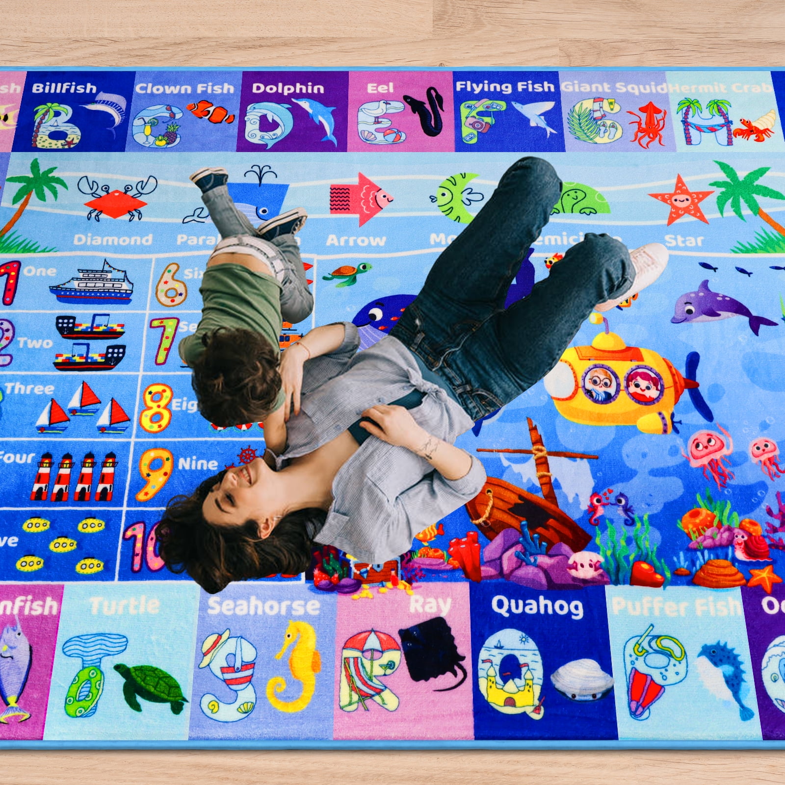 AKASISRUG ABC Kids Rug for Playroom 47"×31.5" Ocean Rug Baby Play Mat Alphabet Rug Sea Animal Number Shape Classroom Rug Kids Playroom Rug Early Learning Carpet for Preschool Toddlers