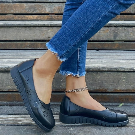 

Women s Round Toe Solid Color Breathable Hollow Out Slip-On Casual Single Shoes