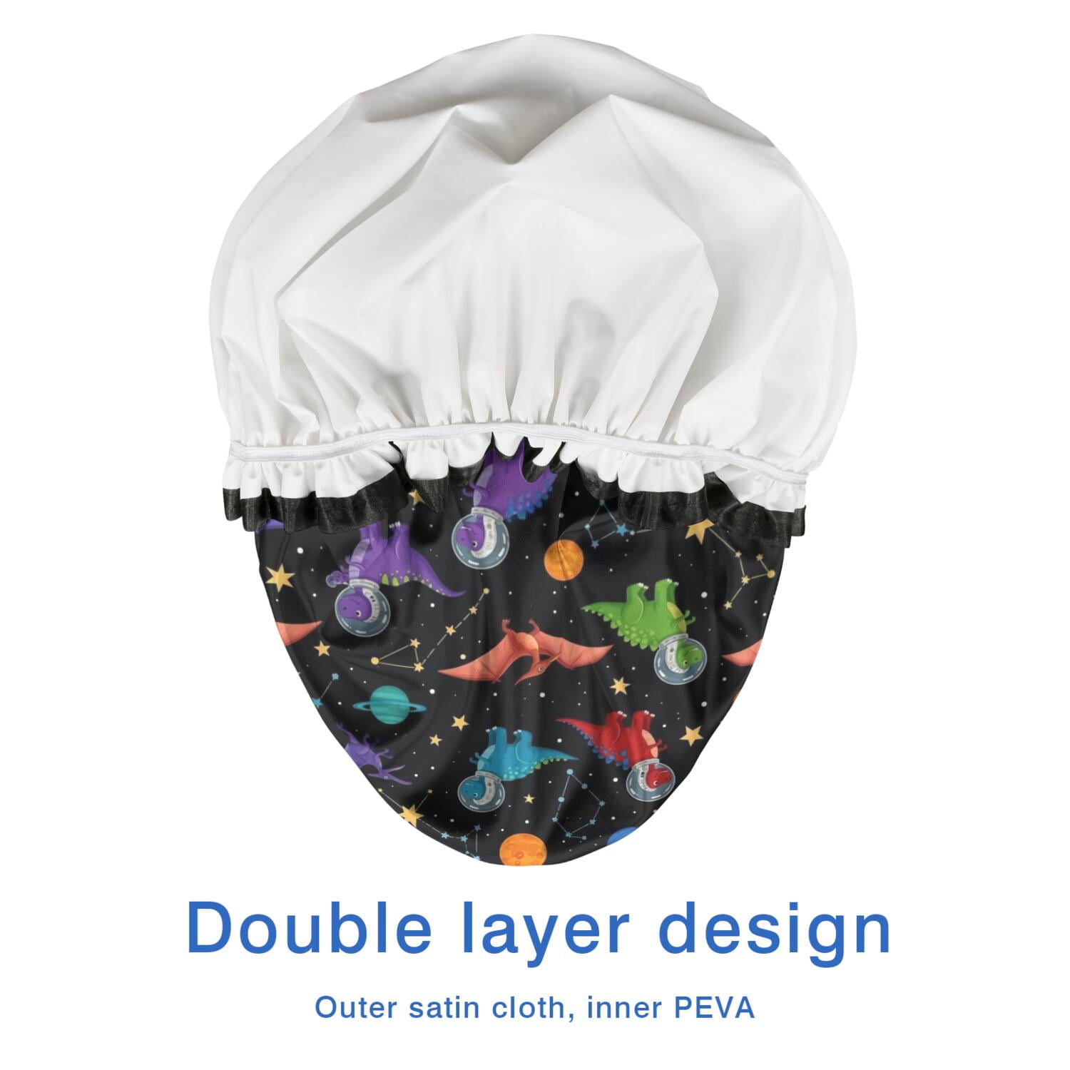 Shower Caps,Black Cartoon Space Dinosaurs Pattern Waterproof Shower Cap for Women 4 Pieces,Double Reusable Hair Cover for Shower PEVA Elastic Stretch Hem